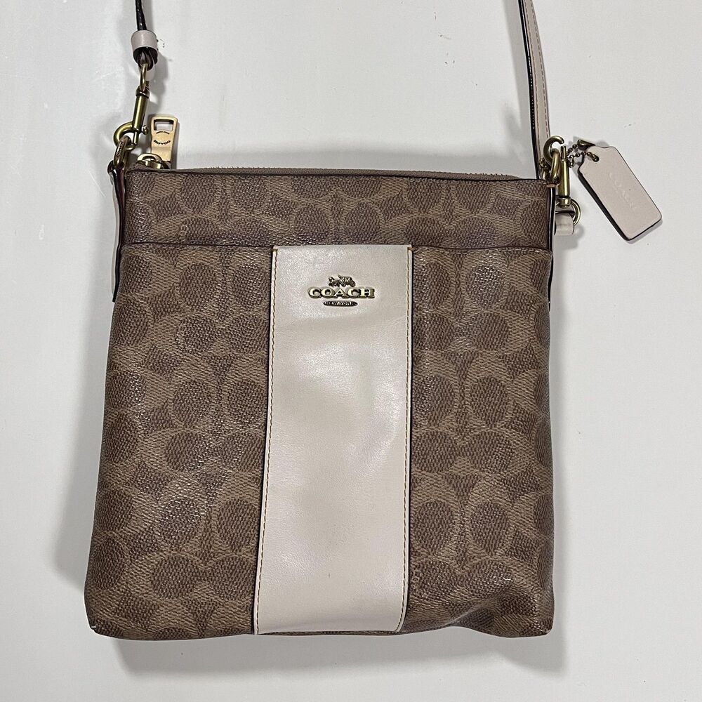 Coach Signature Stripe Crossbody Bag Womens Small Brown Cream Leather Purse